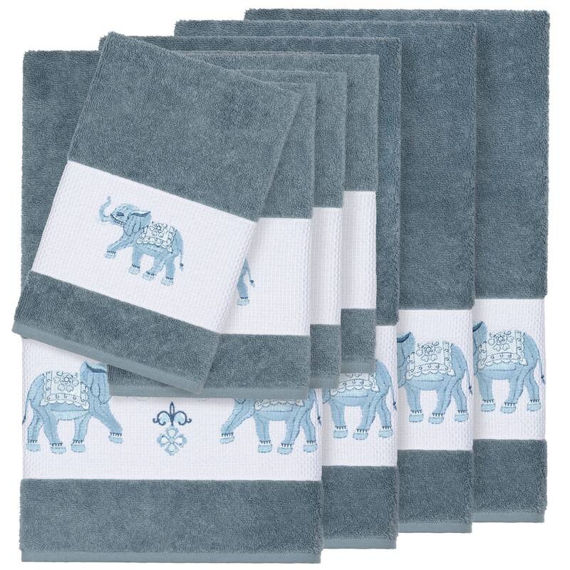 Authentic Hotel and Spa Turkish Cotton Elephants Embroidered Teal Blue 8-piece Towel Set