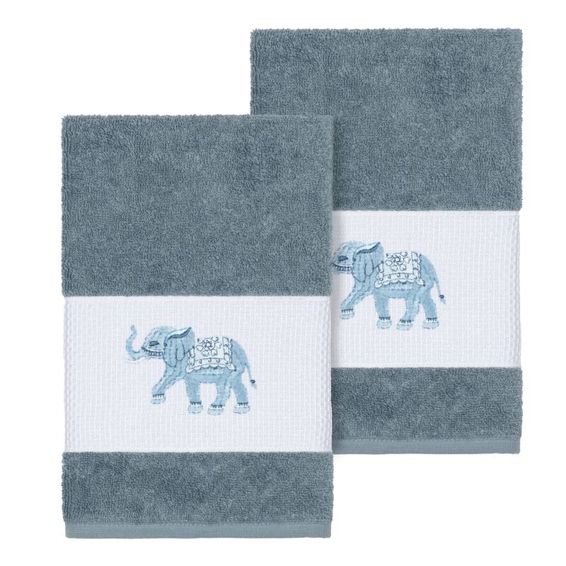Authentic Hotel and Spa Turkish Cotton Elephants Embroidered Teal Blue 2-piece Towel Hand Set