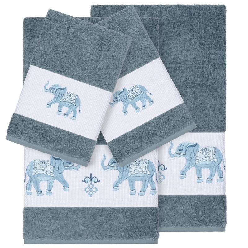 Authentic Hotel and Spa Turkish Cotton Elephants Embroidered Teal Blue 4-piece Towel Set