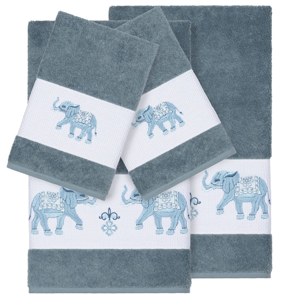 Authentic Hotel and Spa Turkish Cotton Elephants Embroidered Teal Blue 4-piece Towel Set
