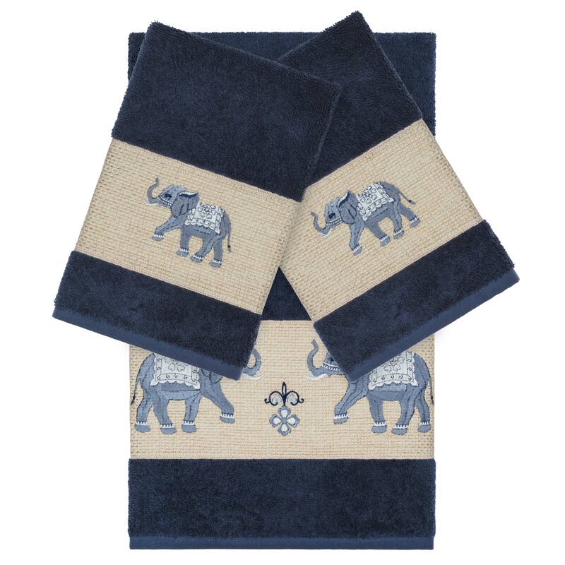 Authentic Hotel and Spa Turkish Cotton Elephants Embroidered Midnight Blue 3-piece Towel Set