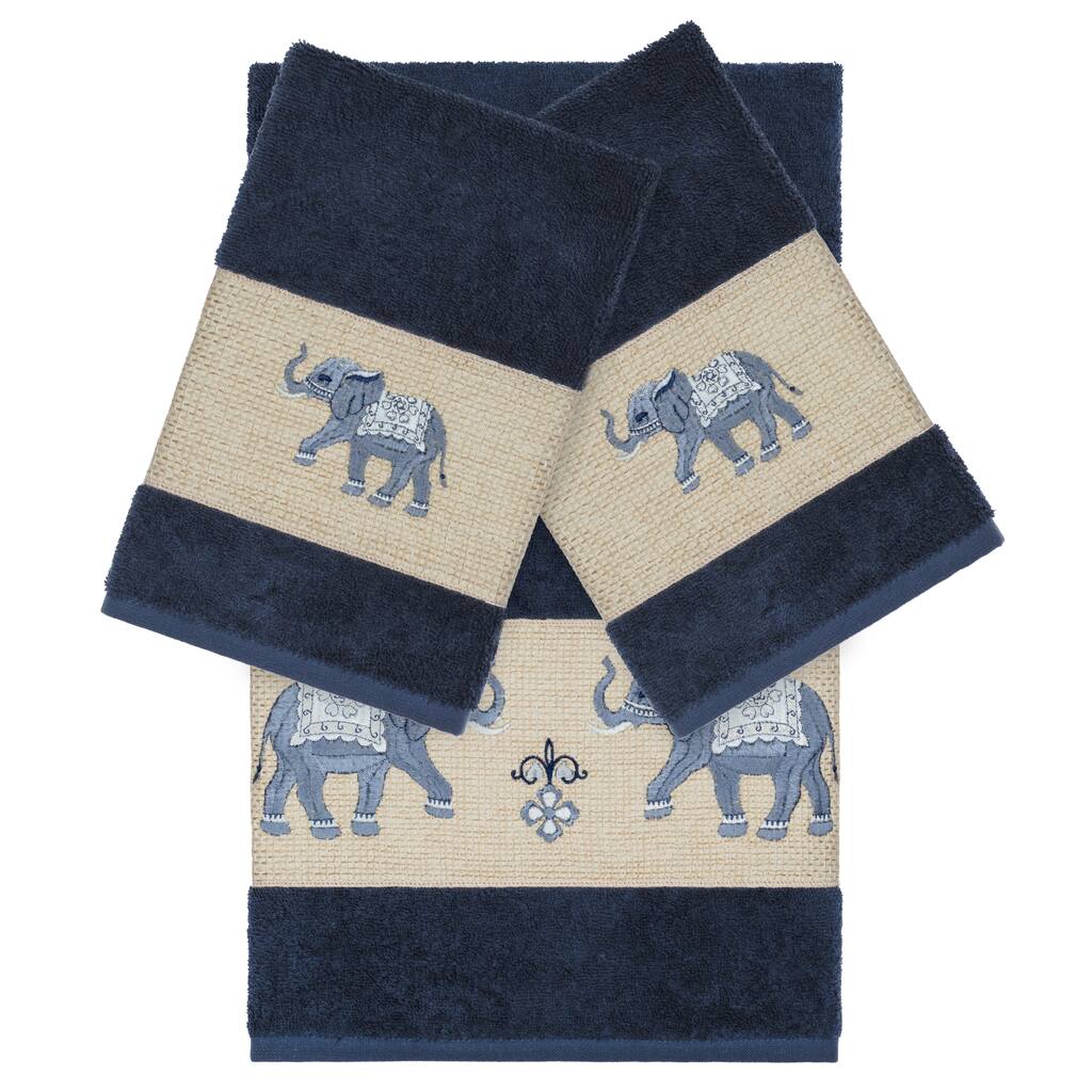 Authentic Hotel and Spa Turkish Cotton Elephants Embroidered Midnight Blue 3-piece Towel Set