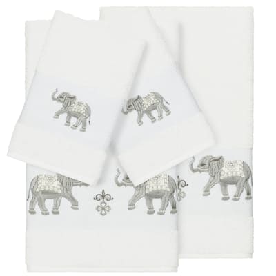 Authentic Hotel and Spa Turkish Cotton Elephants Embroidered White 4-piece Towel Set