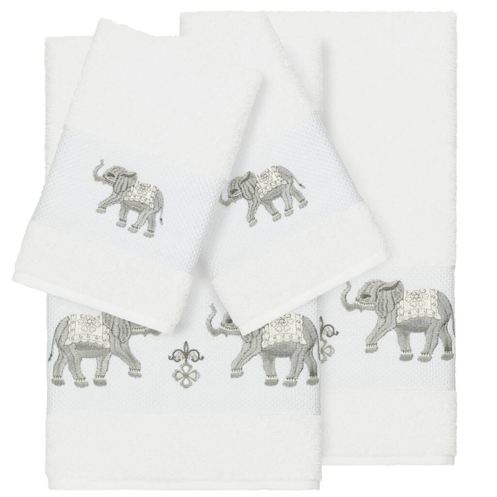 Authentic Hotel and Spa Turkish Cotton Elephants Embroidered White 4-piece Towel Set