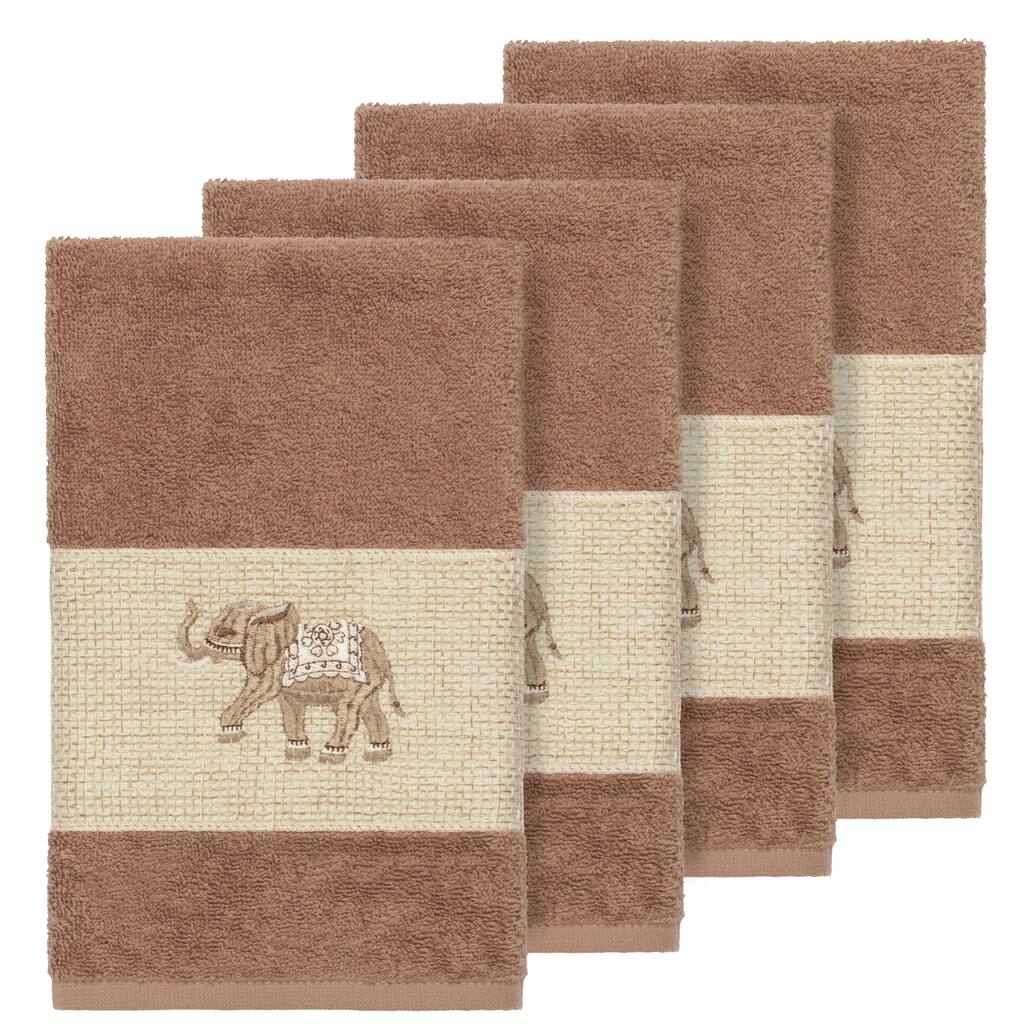 Authentic Hotel and Spa Turkish Cotton Elephants Embroidered Latte Brown 4-piece Hand Towel Set