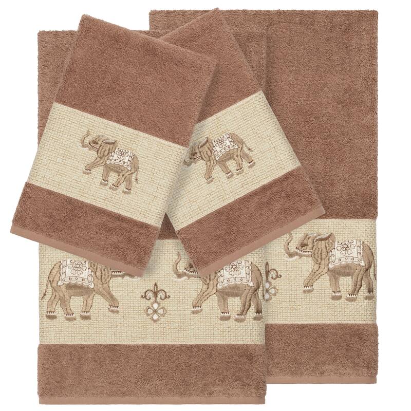 Authentic Hotel and Spa Turkish Cotton Elephants Embroidered Latte Brown 4-piece Towel Set
