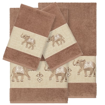 Authentic Hotel and Spa Turkish Cotton Elephants Embroidered Latte Brown 4-piece Towel Set