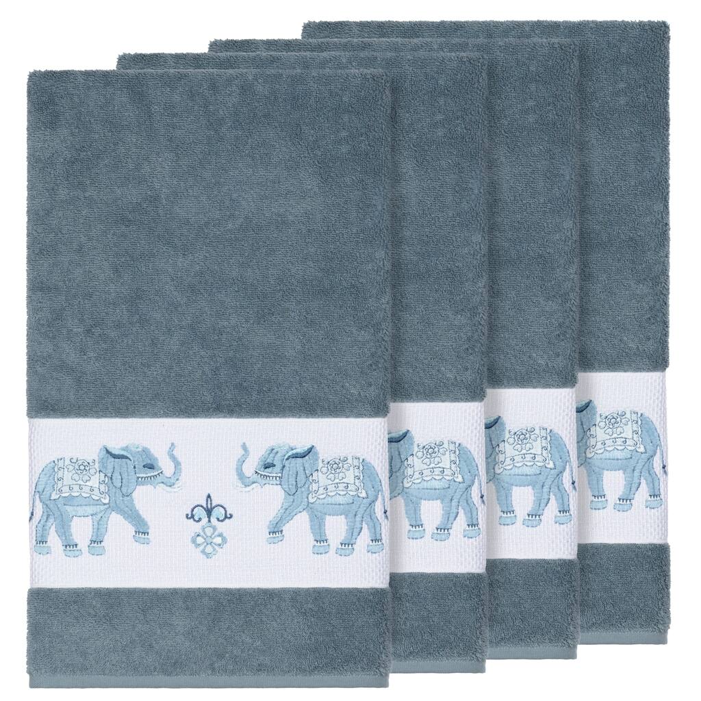 Authentic Hotel and Spa Turkish Cotton Elephants Embroidered Teal Blue 4-piece Bath Towel Set