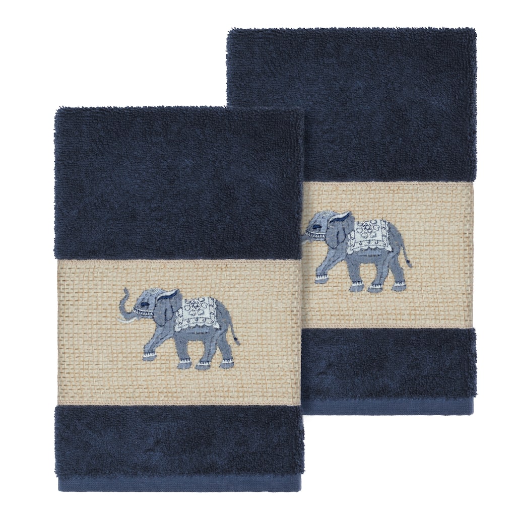 Authentic Hotel and Spa Turkish Cotton Elephants Embroidered Midnight Blue 2-piece Towel Hand Set