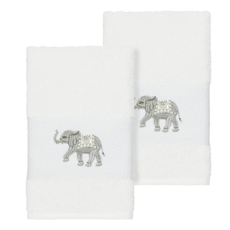 Authentic Hotel and Spa Turkish Cotton Elephants Embroidered White 2-piece Towel Hand Set