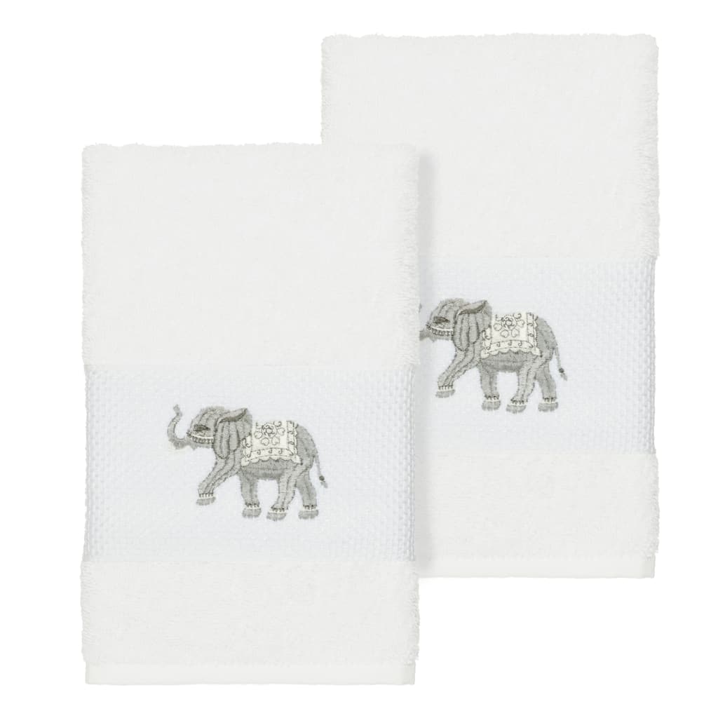 Authentic Hotel and Spa Turkish Cotton Elephants Embroidered White 2-piece Towel Hand Set