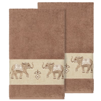 Authentic Hotel and Spa Turkish Cotton Elephants Embroidered Latte Brown 2-piece Bath Towel Set