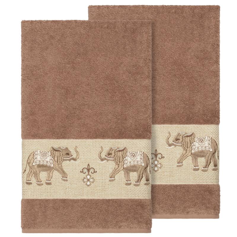 Authentic Hotel and Spa Turkish Cotton Elephants Embroidered Latte Brown 2-piece Bath Towel Set - Latte