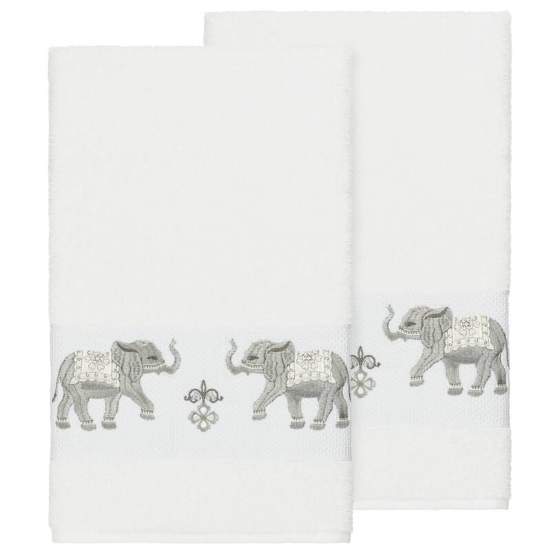 Authentic Hotel and Spa Turkish Cotton Elephants Embroidered White 2-piece Bath Towel Set