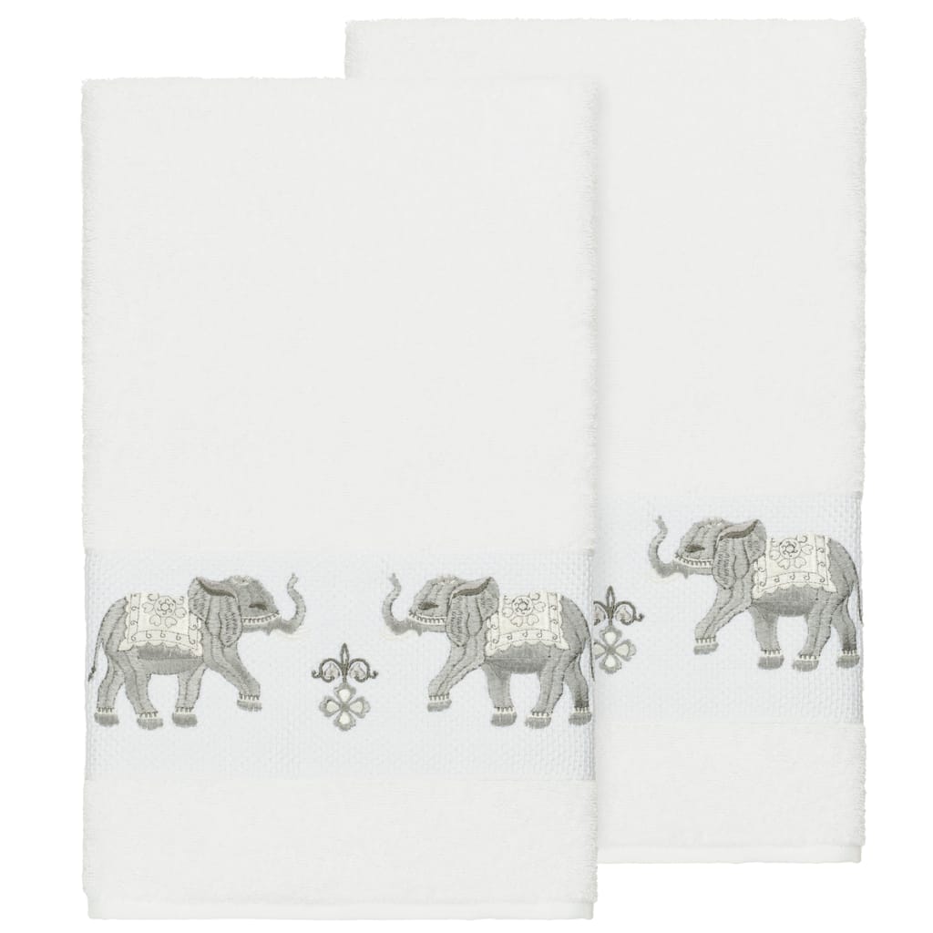 Authentic Hotel and Spa Turkish Cotton Elephants Embroidered White 2-piece Bath Towel Set