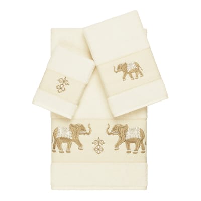 Authentic Hotel and Spa Turkish Cotton Elephants Embroidered Cream 3-piece Towel Set