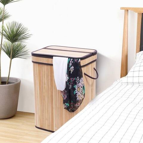 Folding Bamboo Laundry Basket Hamper with Lid and Removable Lining