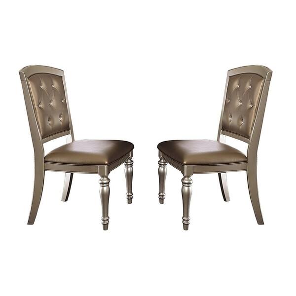 Wood & leather Dining Side Chair With Crystal Tufting, Silver, Set Of 2