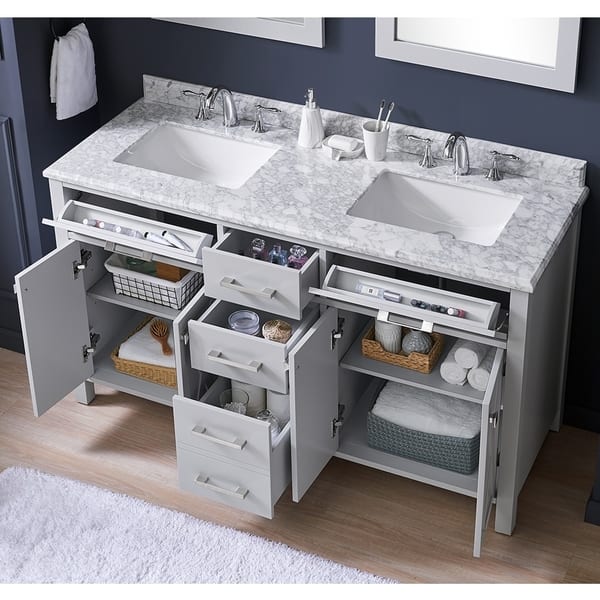 Xena 60 Dove Gray Double Sink Vanity With Carrara Marble Top Overstock 21920114