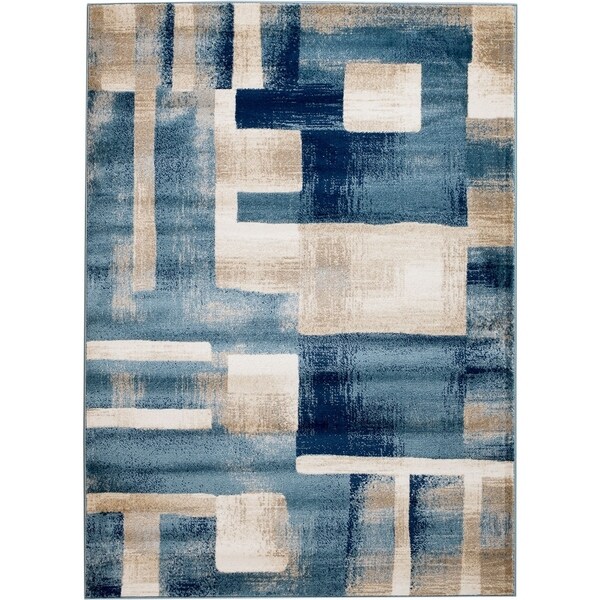 Rug And Decor - Madison Traditional Blue Cream Geometric Boxes Design Area Rug - 7'7" x 10'6"