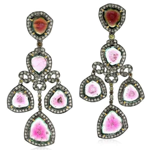 18kt Gold And Silver 28 7 Cts Watermelon Tourmaline 18kt Gold And Silver 28 7 Cts Watermelon Tourmaline Earring