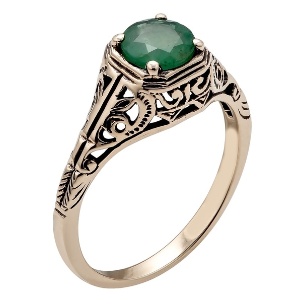 10k Yellow Gold Vintage Style Genuine Round Emerald and Diamond Ring