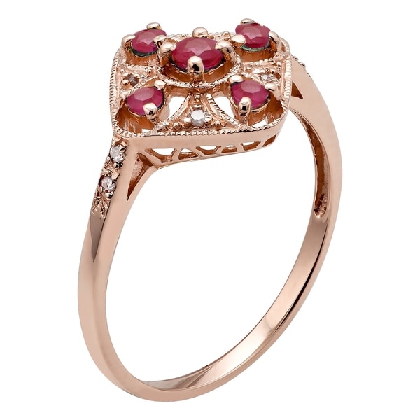 10k Rose Gold Vintage Style Genuine Round Ruby and Diamond Ring