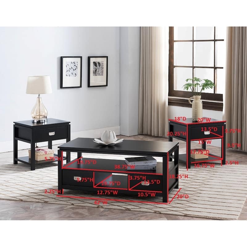 Black Finish Wood 3 Pack Coffee Table Set