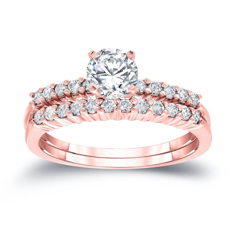Auriya 1ct TW Round Moissanite and 1/3ct TDW Diamond Engagement Ring Set 14K Gold
