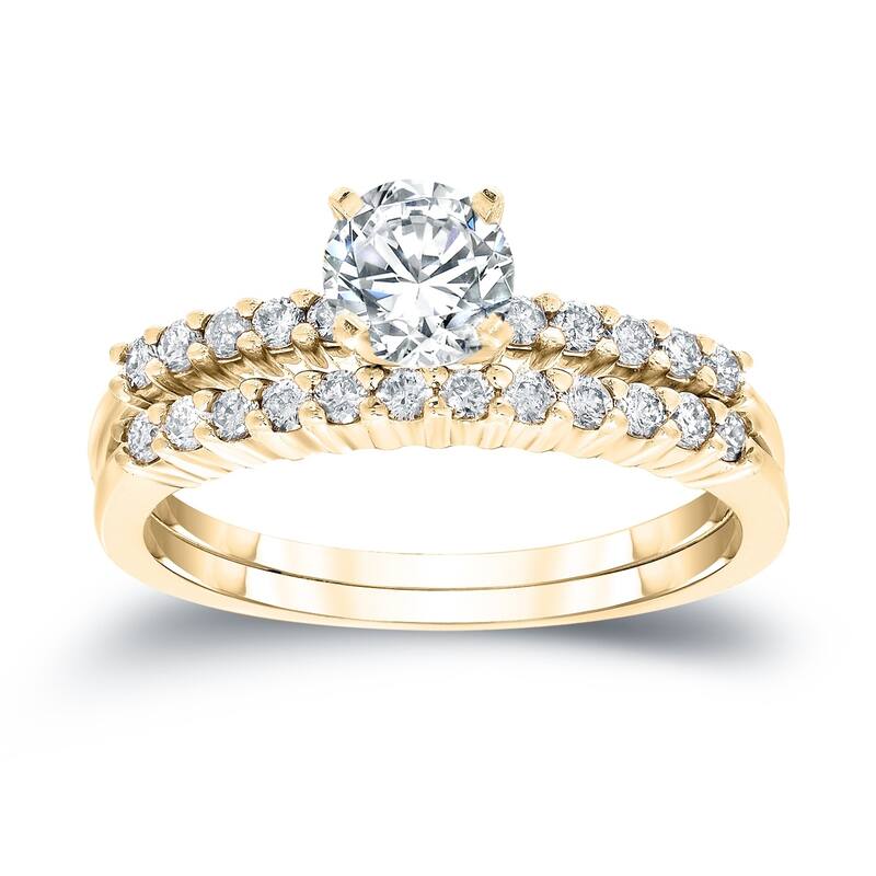 Auriya 1ct TW Round Moissanite and 1/3ct TDW Diamond Engagement Ring Set 14K Gold