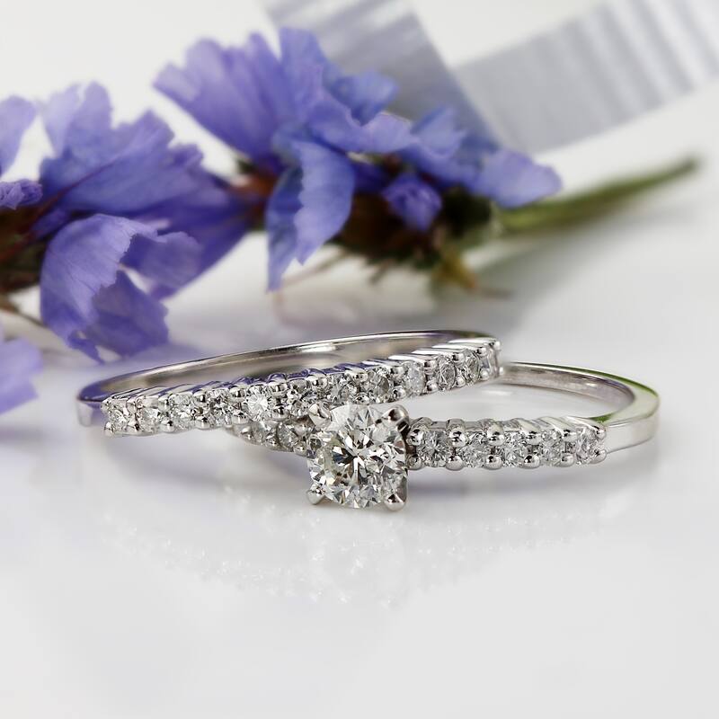 Auriya 14k Gold 3ctw Round Moissanite and 1/3ct TDW Diamond Engagement Ring Set