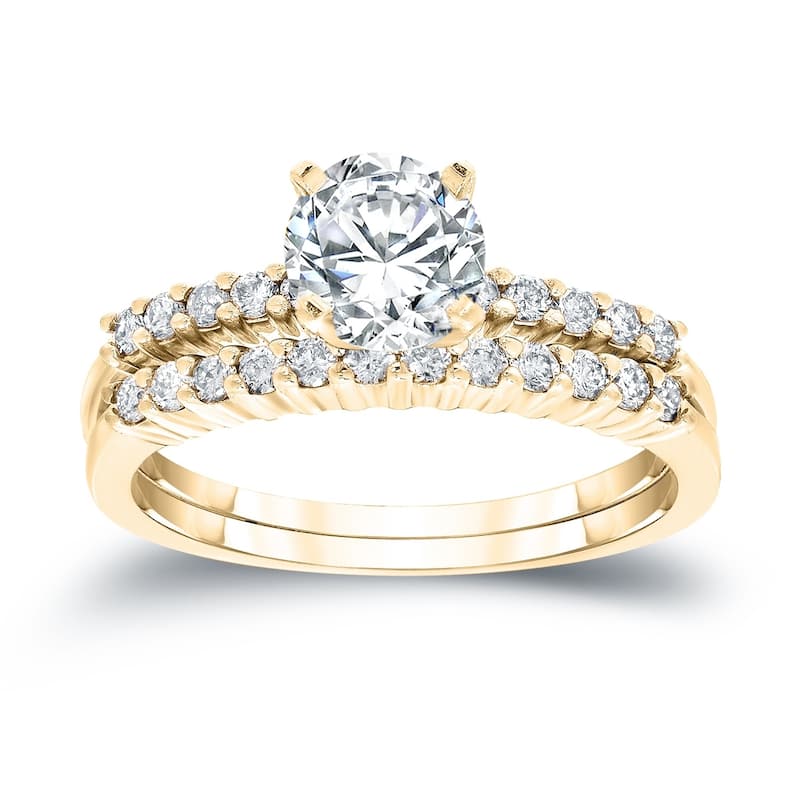 Auriya 14k Gold 3ctw Round Moissanite and 1/3ct TDW Diamond Engagement Ring Set