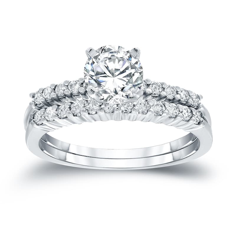 Auriya 14k Gold 3ctw Round Moissanite and 1/3ct TDW Diamond Engagement Ring Set