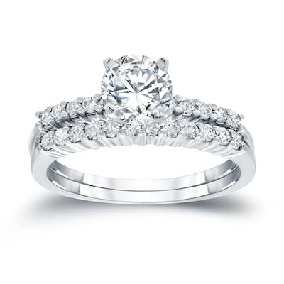 Auriya 14k Gold 3ctw Round Moissanite and 1/3ct TDW Diamond Engagement Ring Set