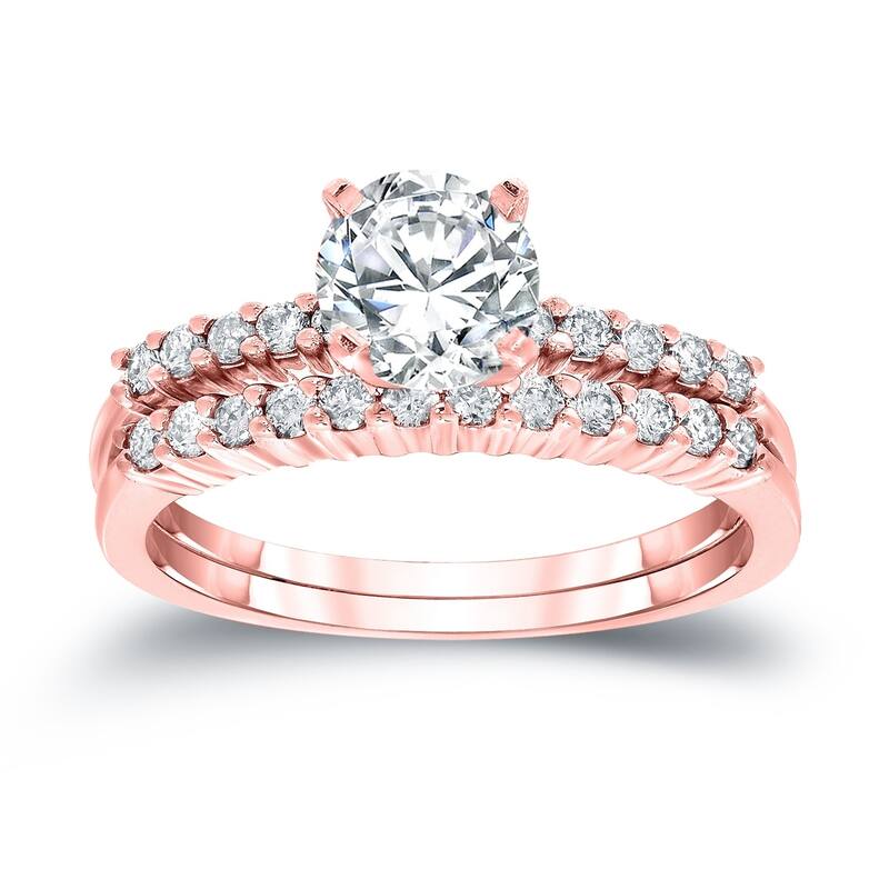 Auriya 14k Gold 3ctw Round Moissanite and 1/3ct TDW Diamond Engagement Ring Set