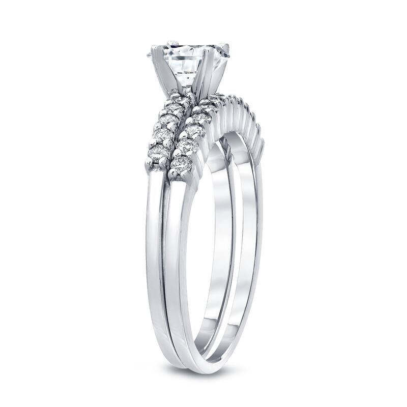 Auriya 14k Gold 2 1/2ctw Round Moissanite and 1/3ct TDW Diamond Engagement Ring Set