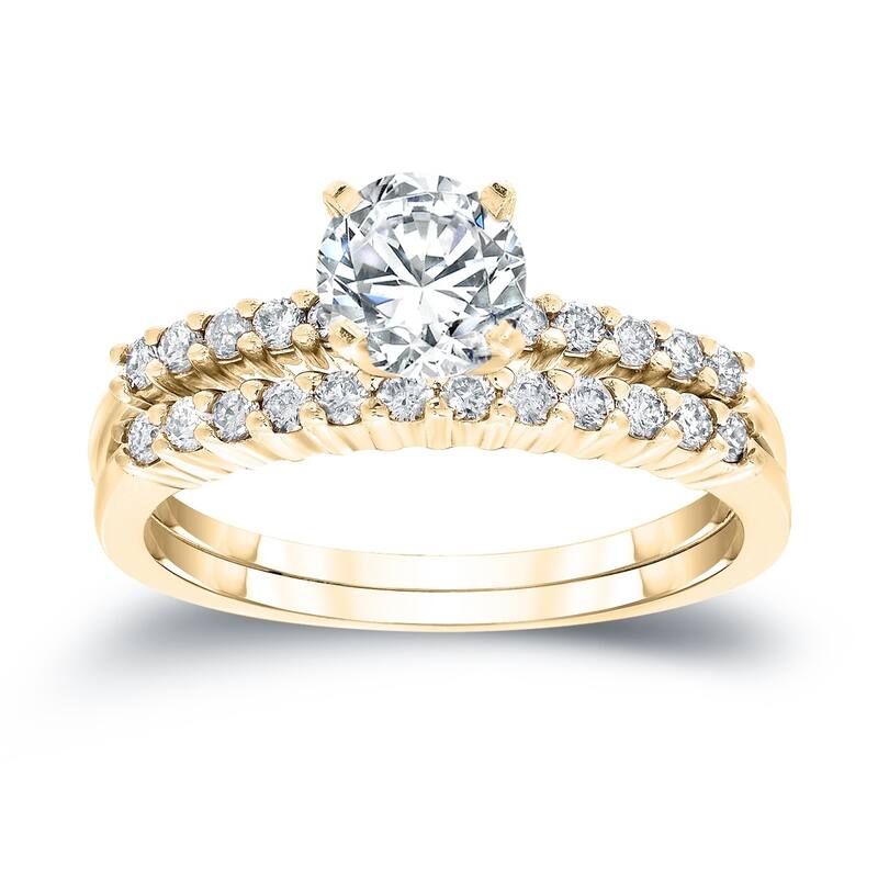 Auriya 14k Gold 2 1/2ctw Round Moissanite and 1/3ct TDW Diamond Engagement Ring Set