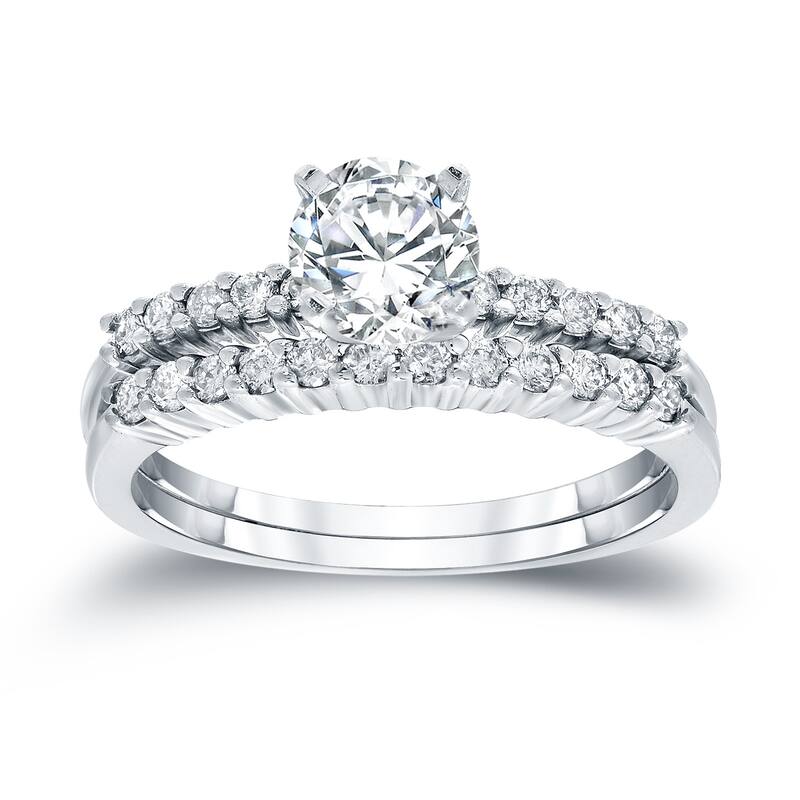Auriya 14k Gold 2 1/2ctw Round Moissanite and 1/3ct TDW Diamond Engagement Ring Set