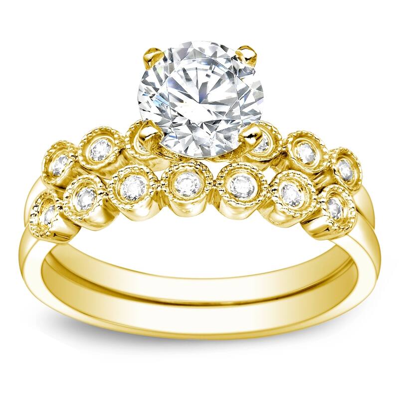 Auriya 14k Gold Vintage 2 1/2ct Round Moissanite Engagement Ring Set with Diamond Accents