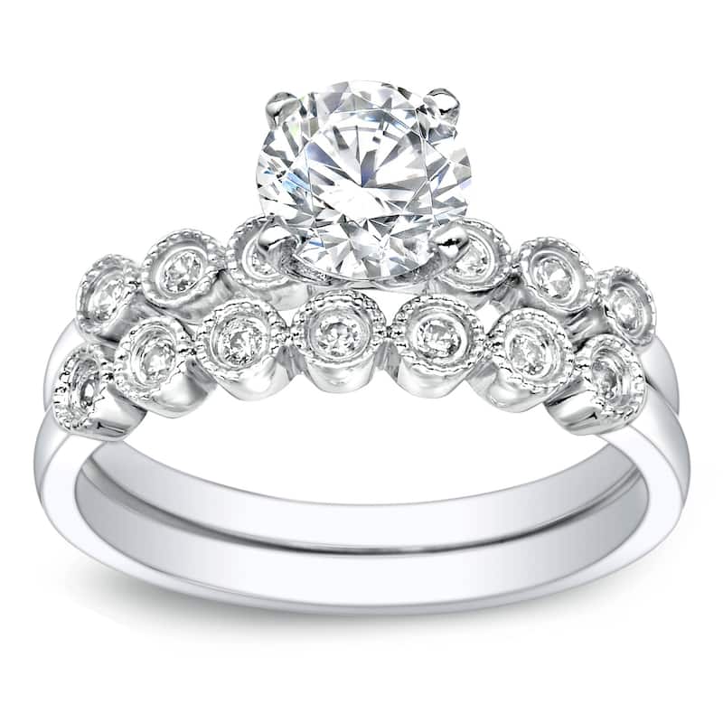 Auriya Vintage 1 1/2ct Round Moissanite Engagement Ring Set with Diamond Accents 14K Gold