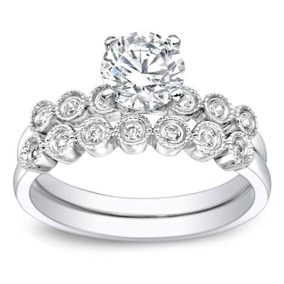 Auriya Vintage 1 1/2ct Round Moissanite Engagement Ring Set with Diamond Accents 14K Gold