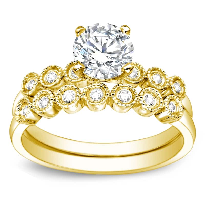 Auriya Vintage 1 1/2ct Round Moissanite Engagement Ring Set with Diamond Accents 14K Gold