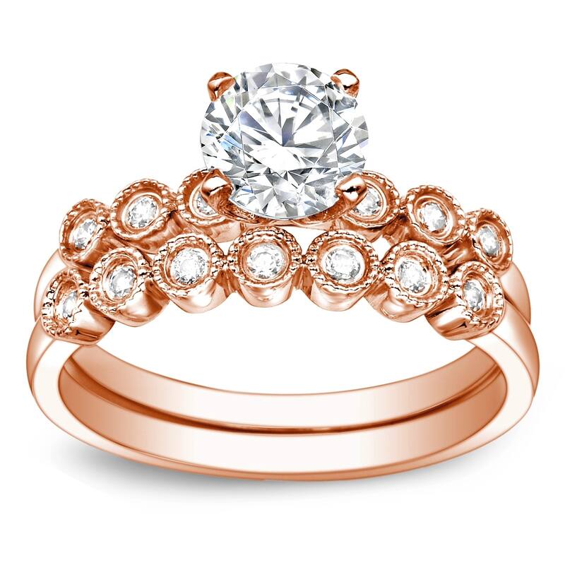 Auriya Vintage 1 1/2ct Round Moissanite Engagement Ring Set with Diamond Accents 14K Gold