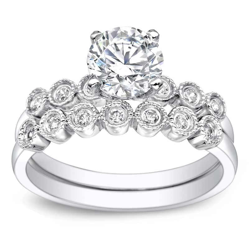Auriya Vintage 2ct Round Moissanite Engagement Ring Set with Diamond Accents 14K Gold