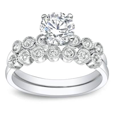 Auriya Vintage 2ct Round Moissanite Engagement Ring Set with Diamond Accents 14K Gold