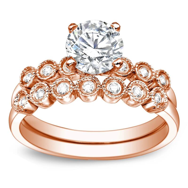 Auriya Vintage 2ct Round Moissanite Engagement Ring Set with Diamond Accents 14K Gold