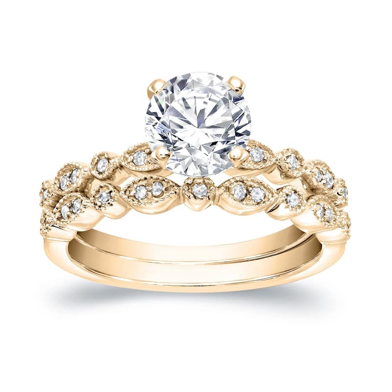 Auriya Stackable Vintage 3ct Round Moissanite Engagement Ring Set with Diamond Accents 14K Gold