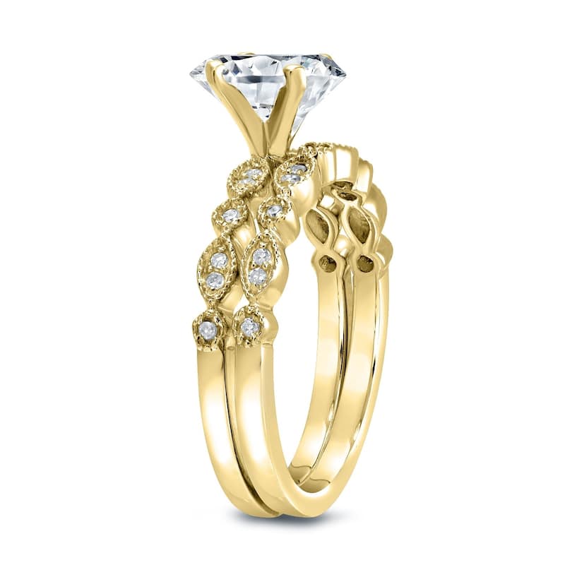 Auriya Stackable Vintage 3ct Round Moissanite Engagement Ring Set with Diamond Accents 14K Gold