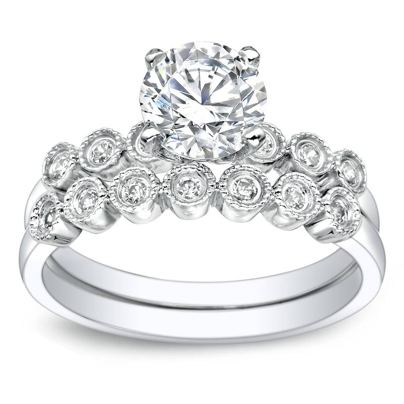 Auriya 14k Gold Vintage 3ct Round Moissanite Engagement Ring Set with Diamond Accents