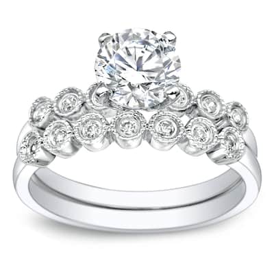 Auriya 14k Gold Vintage 3ct Round Moissanite Engagement Ring Set with Diamond Accents